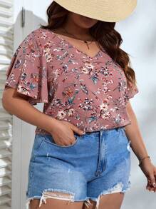 SHEIN VCAY Plus Floral Print Butterfly Sleeve Blouse - Dusty Pink - View 5