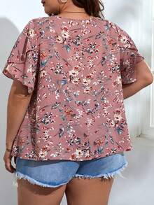 SHEIN VCAY Plus Floral Print Butterfly Sleeve Blouse - Dusty Pink - View 2