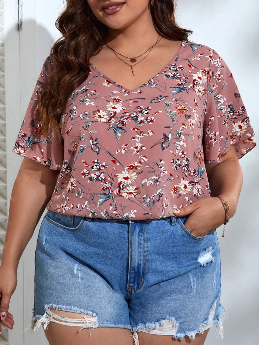 SHEIN VCAY Plus Floral Print Butterfly Sleeve Blouse - Dusty Pink - View 1
