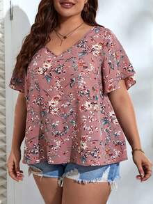 SHEIN VCAY Plus Floral Print Butterfly Sleeve Blouse - Dusty Pink - View 4