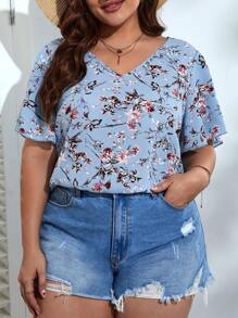 SHEIN VCAY Plus Floral Print Butterfly Sleeve Blouse - Baby Blue - View 4