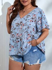 SHEIN VCAY Plus Floral Print Butterfly Sleeve Blouse - Baby Blue - View 5