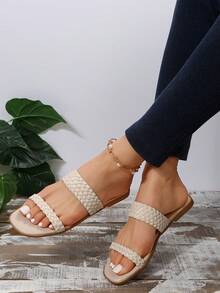 度假涼鞋適用於女士編織細節涼拖 - 米色 - 查看 2