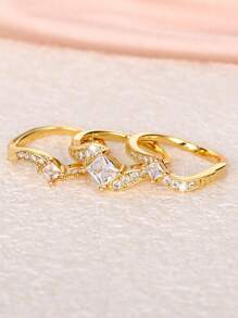 Bộ 3 chiếc/bộ nhẫn Cubic Zirconia phong cách tuyệt đẹp dành cho phụ nữ làm trang sức dự tiệc cưới quà tặng ngày lễ tình nhân - Vàng - Xem 4