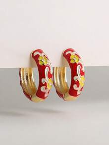 1 Phong Cách Trung Hoa Hoa Văn Kim Cương Nhiều Màu Sắc Tranh Sơn Dầu Đồng Tròn Chụp Tai Đôi Khuyên Tai Vòng Cho Nữ - Đỏ - Xem 3