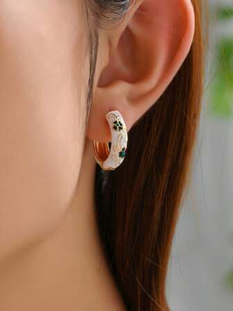 1對中式鑽石圖案彩色油畫圓形銅圓耳環適合女士