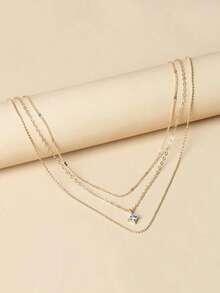 1入組新款時尚幾何水鑽吊墜分層項鍊適合女士裝扮配飾 - 金黃色 - 查看 3