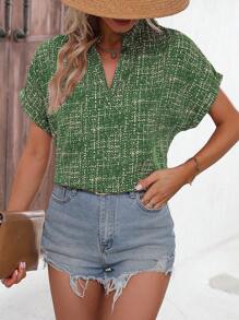 SHEIN LUNE Allover Print Notched Neck Batwing Sleeve Blouse - Green - View 4