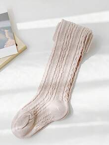 1雙女孩鏤空素色褲襪適用於日常 - 卡其色 - 查看 3