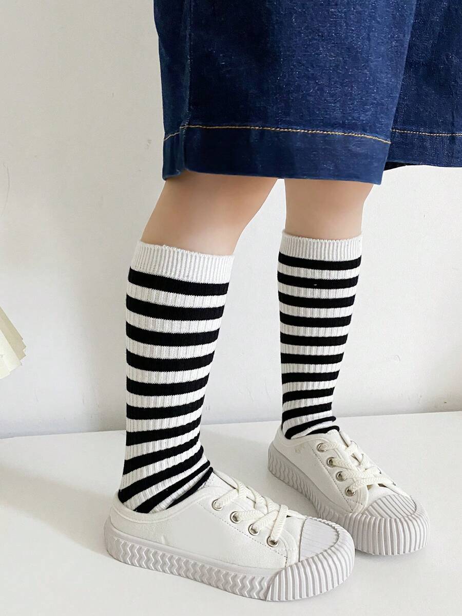 Niños 1 par Medias largas de rayas - Blanco y Negro - Ver 1