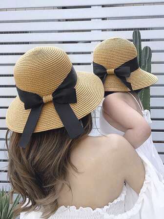 2 PEÇAS Chapéu de Praia de Primavera e Verão Combinando com a Família, Chapéu de Palha com Aba Larga e Laço para Meninas Bebês, 2-6 Anos
