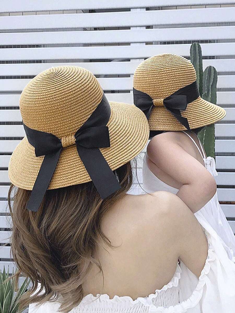Bộ 2 mũ đi biển cho bố mẹ và con, mũ rơm vành rộng, trang trí nơ, phù hợp cho bé gái 2-6 tuổi, mùa xuân/hè. - Màu Khaki - View 1