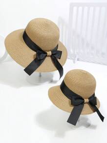 Bộ 2 mũ đi biển cho bố mẹ và con, mũ rơm vành rộng, trang trí nơ, phù hợp cho bé gái 2-6 tuổi, mùa xuân/hè. - Màu Khaki - View 2