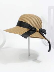 Bộ 2 mũ đi biển cho bố mẹ và con, mũ rơm vành rộng, trang trí nơ, phù hợp cho bé gái 2-6 tuổi, mùa xuân/hè. - Màu Khaki - View 4