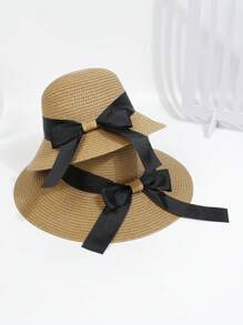Bộ 2 mũ đi biển cho bố mẹ và con, mũ rơm vành rộng, trang trí nơ, phù hợp cho bé gái 2-6 tuổi, mùa xuân/hè. - Màu Khaki - View 7