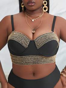 SHEIN Swim Curve Plus Stitch Detail Bustier Push Up Bikini Top - Black - View 4