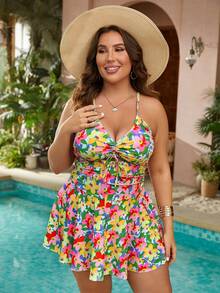 SHEIN Swim Curve Plus Size Dây rút in hoa Tankini Bãi biển mùa hè - Nhiều màu - Xem 3