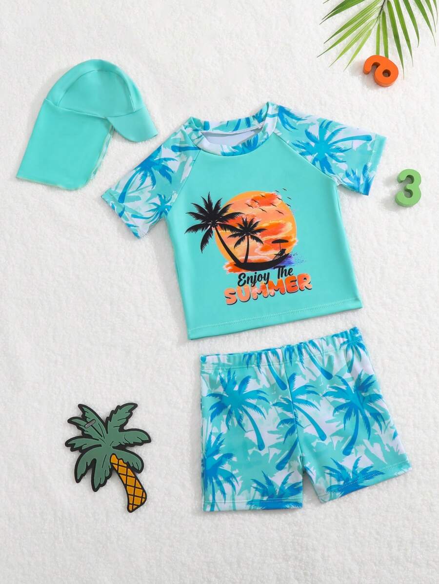 男嬰熱帶圖案沙灘泳裝帶泳帽 - 薄荷藍 - 查看 1