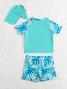 男嬰熱帶圖案沙灘泳裝帶泳帽 - 薄荷藍 - 查看 2