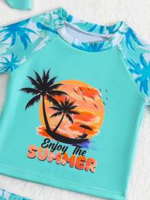 男嬰熱帶圖案沙灘泳裝帶泳帽 - 薄荷藍 - 查看 3