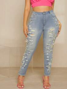 Plus Rhinestone Embellished Ripped Skinny Jeans - Light Wash - View 1