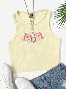 SHEIN EZwear Áo khoác và áo lót dành cho xe tăng nữ Thêu Gân đan Hoạt hình Hoa Giải trí - Màu be - Xem 1