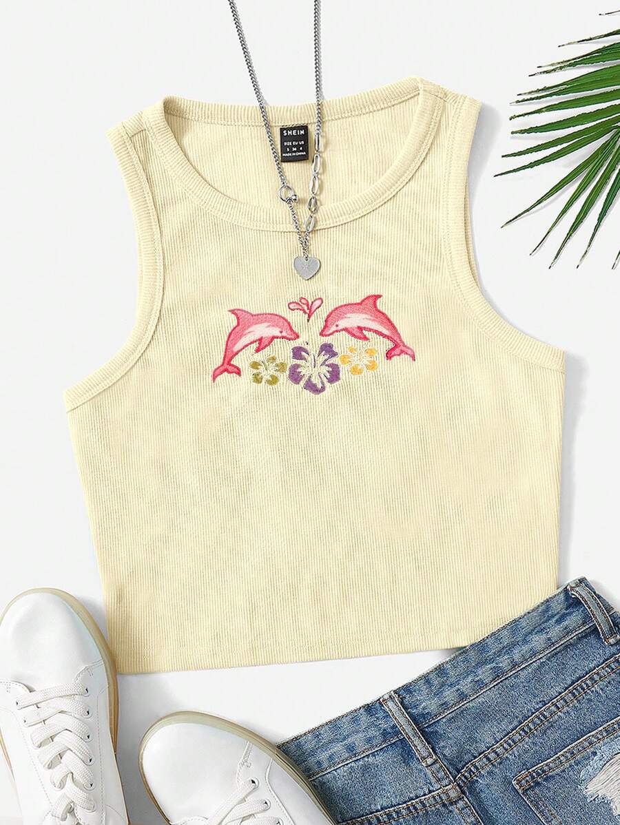 SHEIN EZwear Áo khoác và áo lót dành cho xe tăng nữ Thêu Gân đan Hoạt hình Hoa Giải trí - Màu be - Xem 1
