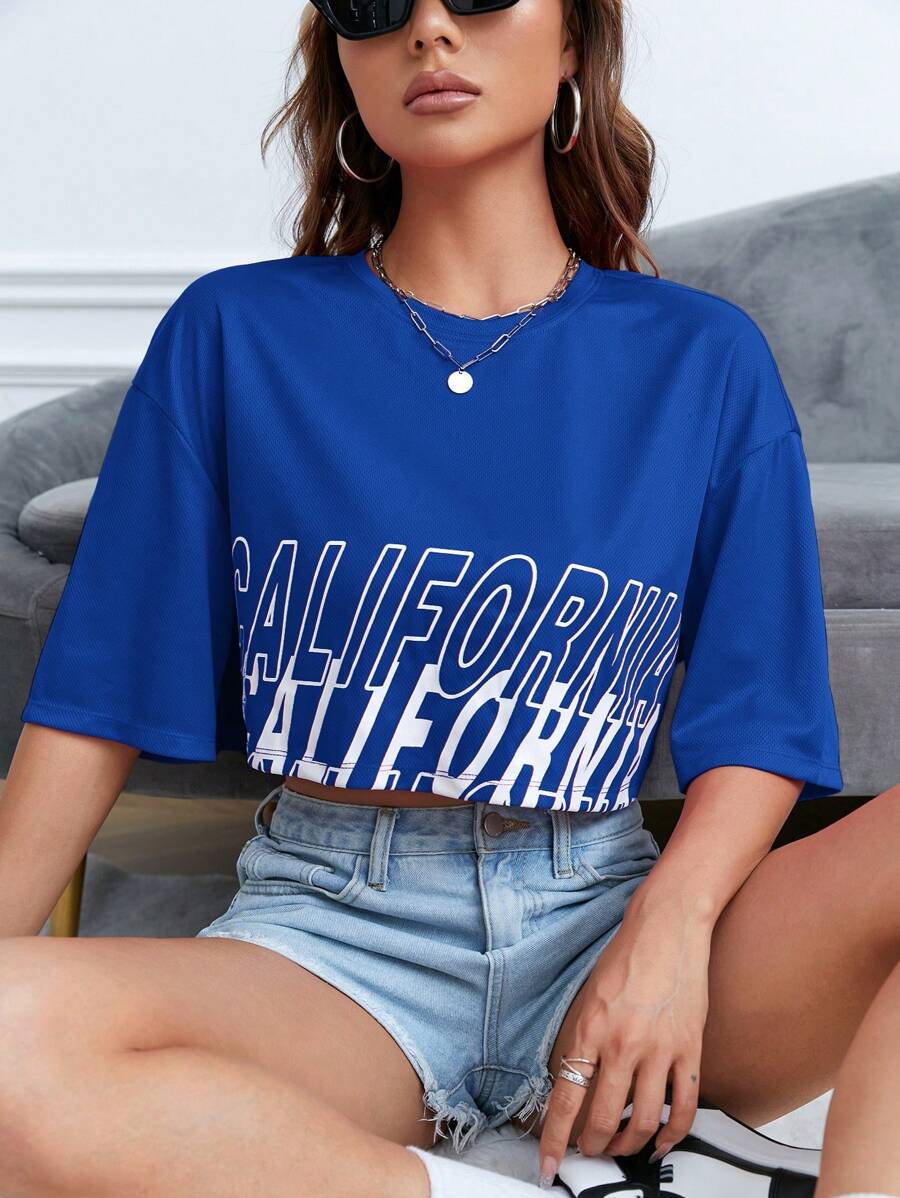 SHEIN EZwear Letter Graphic Drop Shoulder Crop Tee - Royal Blue - View 1