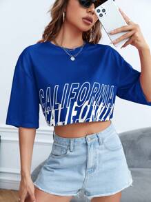 SHEIN EZwear Letter Graphic Drop Shoulder Crop Tee - Royal Blue - View 5