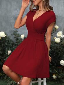 SHEIN Clasi Surplice Neck Batwing Sleeve Dress - Red - View 1