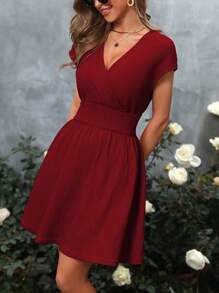 SHEIN Clasi Surplice Neck Batwing Sleeve Dress - Red - View 5