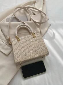 女士新時尚氣息，簡約草編包，多功能優雅，手提女包 - 米色 - 查看 7