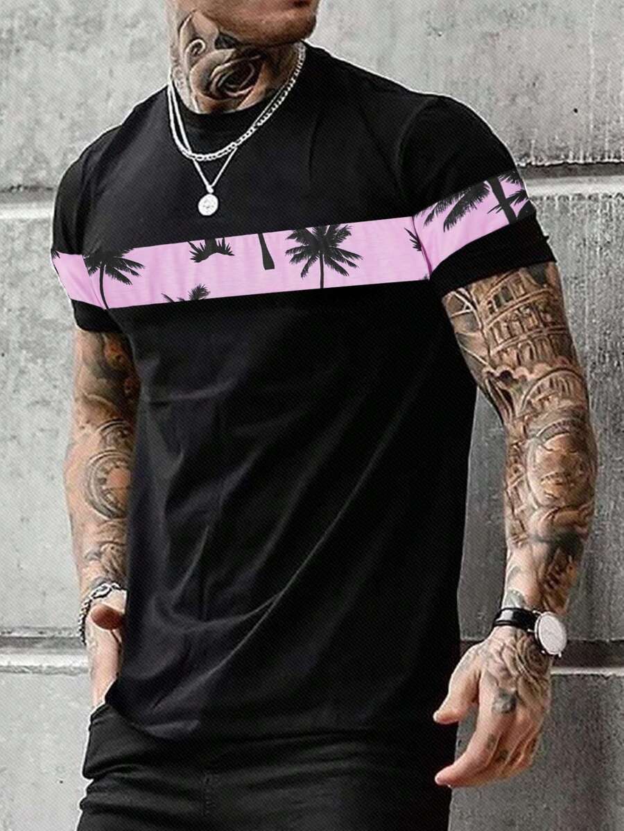 Manfinity VCAY 男款T卹，合身領口短袖圖形T恤，棕櫚樹休閒時尚男裝夏季衣服 - 黑色 - 查看 1