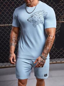 GENTILAND Men Geo Leopard Print Tee & Shorts - Baby Blue - View 3