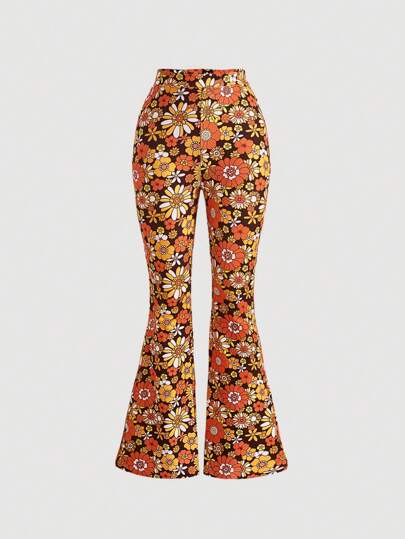 SHEIN MOD Broek met elastische uitlopende pijpen en vintage bloemenprint