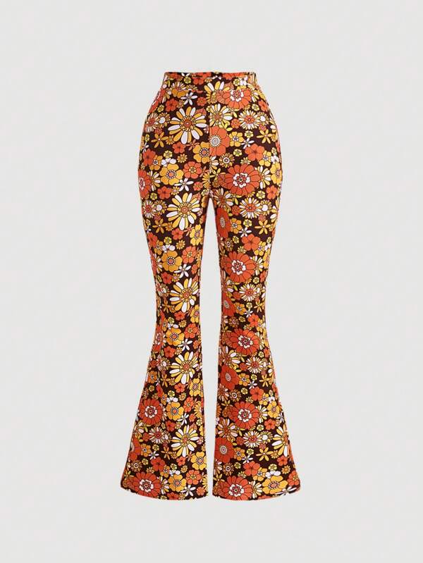 SHEIN MOD Vintage Floral Print Elasticity Flare Leg Pants