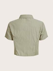 ROMWE Fairycore Striped Button Front Shirt - Green - View 8