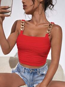 SHEIN BAE Chain Detail Crop Cami Top - Red - View 5
