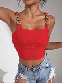 SHEIN BAE Chain Detail Crop Cami Top - Red - View 6