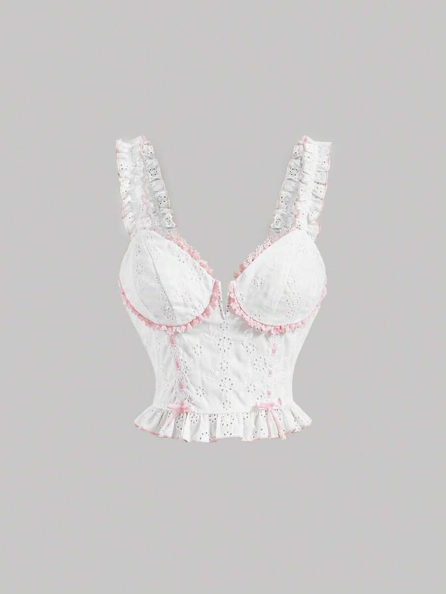 SHEIN MOD Áo khoác và áo lót dành cho xe tăng nữ Lộ Lưng Dây kéo Nơ Bướm viền lá sen Viên lá sen Tranh thêu màu trơn Boho - trắng - Xem 1