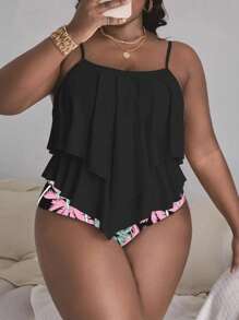 Swim Lushoire Summer Beach Plus Tropical Print Tankini Set Two Layered Flowy Swim Cami Top & High Waisted Bottom 2 Piece Separate Bathing Suit