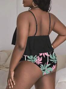 Swim Lushoire Summer Beach Plus Tropical Print Tankini Set Two Layered Flowy Swim Cami Top & High Waisted Bottom 2 Piece Separate Bathing Suit