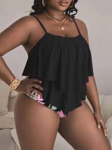 Swim Lushoire Summer Beach Plus Tropical Print Tankini Set Two Layered Flowy Swim Cami Top & High Waisted Bottom 2 Piece Separate Bathing Suit