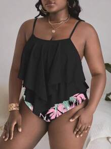 Swim Lushoire Summer Beach Plus Tropical Print Tankini Set Two Layered Flowy Swim Cami Top & High Waisted Bottom 2 Piece Separate Bathing Suit