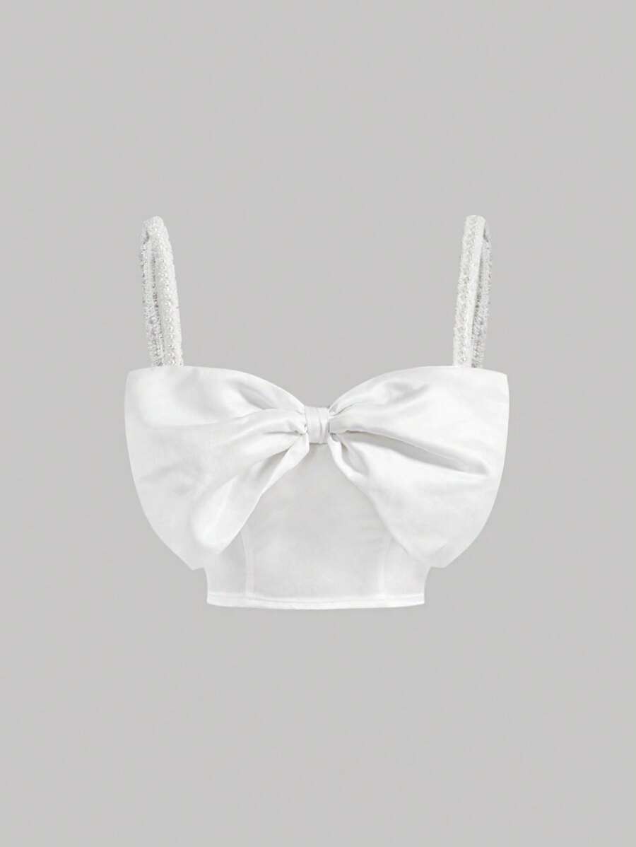 SHEIN MOD Bow Front Cami White Pearl Strap Crop Top - White - View 1
