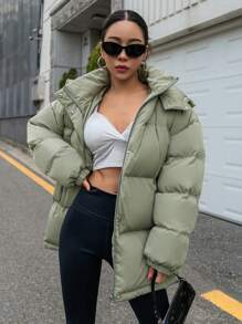 DAZY Zip Up Hooded Padded Thick Pockets Coat, Women Winter Coat Jacket - Army Green - View 1