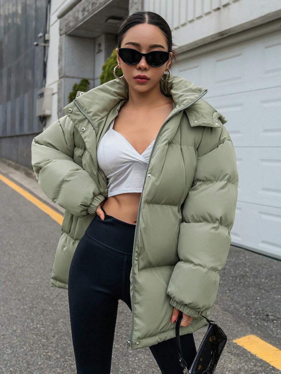 DAZY Zip Up Hooded Padded Thick Pockets Coat, Women Winter Coat Jacket - Army Green - View 1
