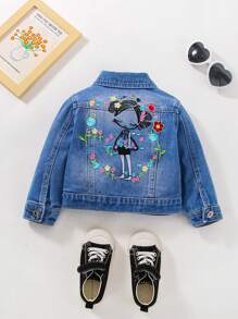 Baby Cartoon And Floral Embroidery Denim Jacket - Medium Wash - View 1