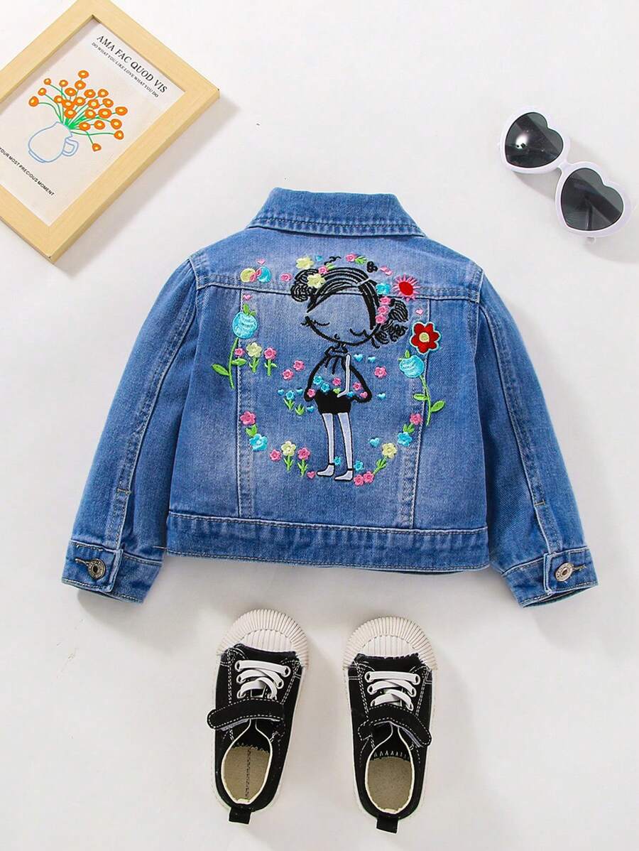 Baby Cartoon And Floral Embroidery Denim Jacket - Medium Wash - View 1