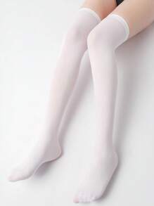 Calcetines sobre la rodilla de unicolor y minimalistas para mujer, cómodos para uso diario - Blanco - Ver 3